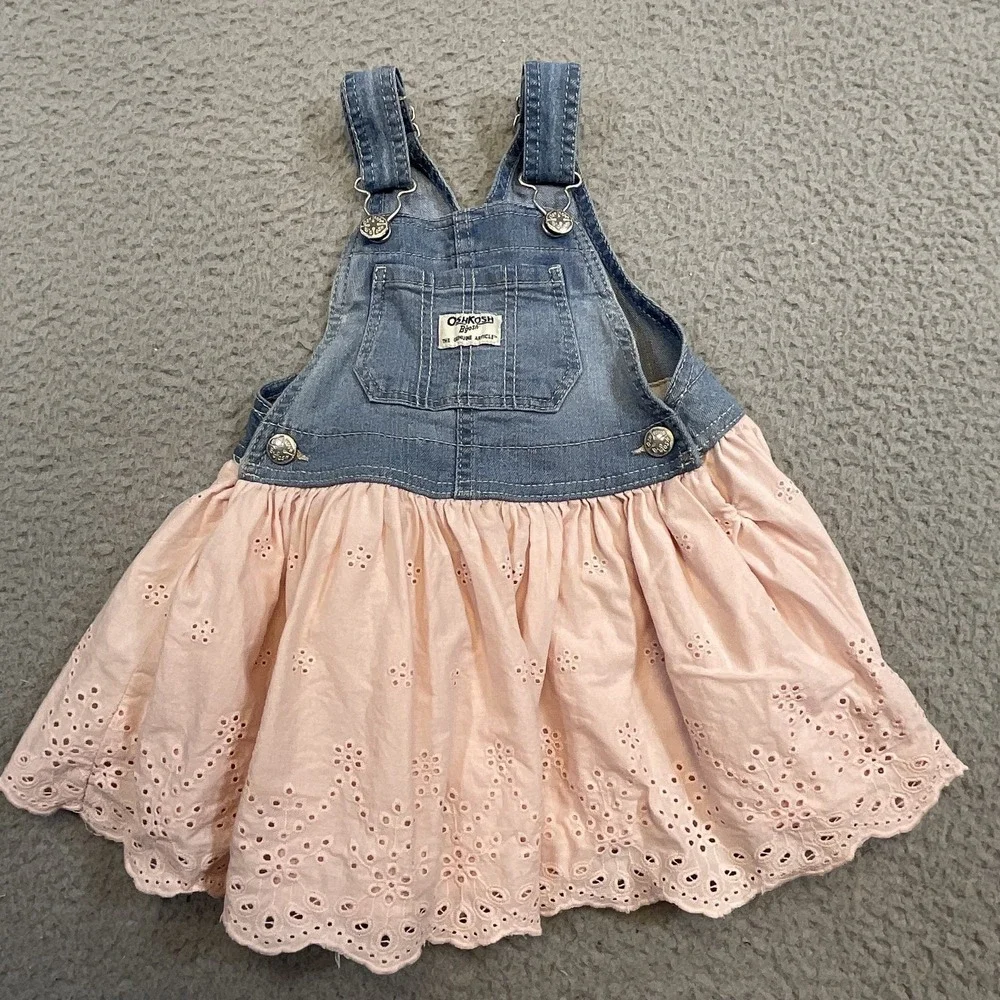 OshKosh B'gosh Overall Dress Girls 2T Pink Floral Denim Bib‎ Lined Sundress